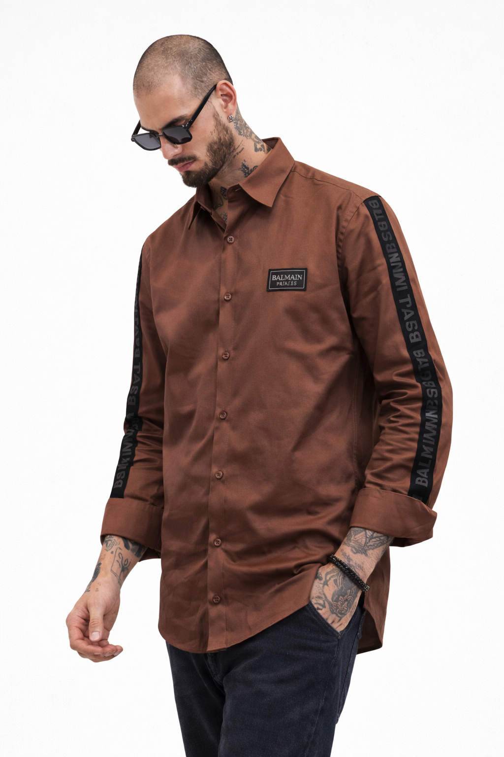 BALMAIN PARIS SIDE STRIP BROWN SHIRT