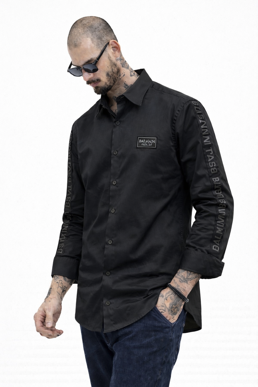 BALMAIN PARIS SIDE STRIP BLACK SHIRT