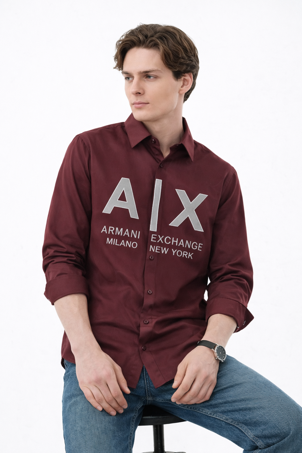 ARMANI EXCHANGE AX VELVET PRINT MAHROON SHIRT