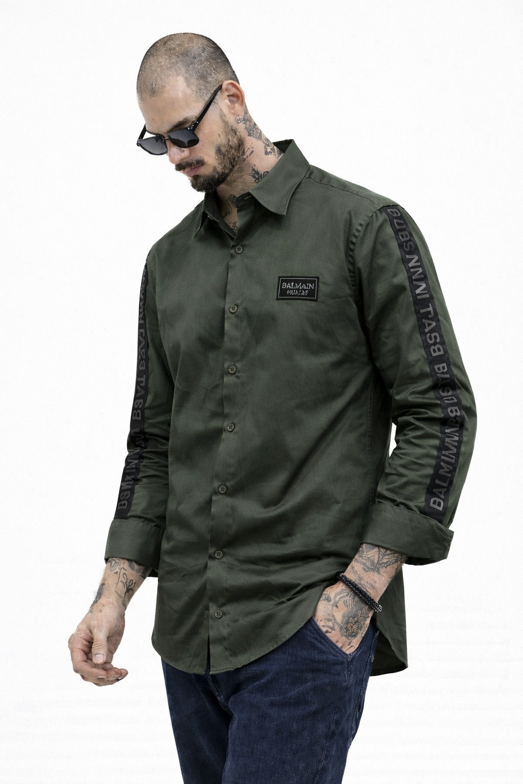 BALMAIN SIDE STRIP GREEN SHIRT