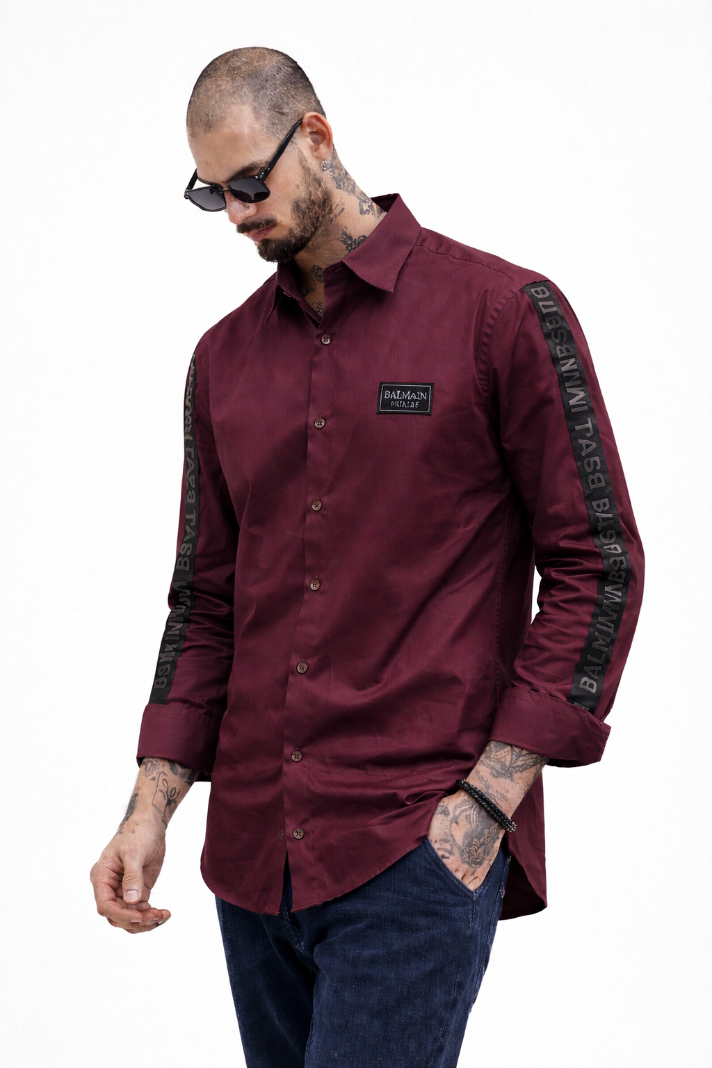 BALMAIN PARIS SIDE STRIP MAHROON SHIRT